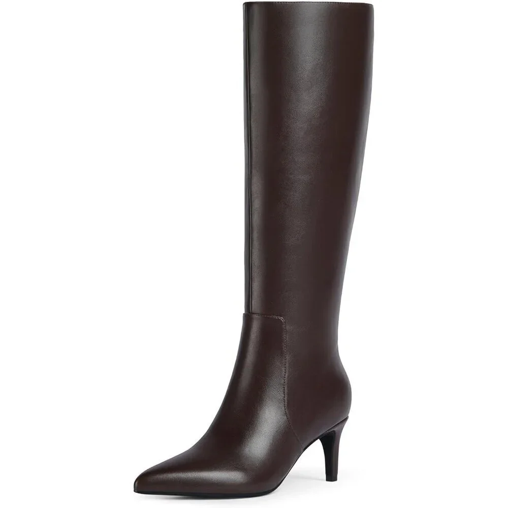 Women Chocolate 1 Tall Boots Pointed Toe Kitten Heel Side Zipper Knee High Boots
